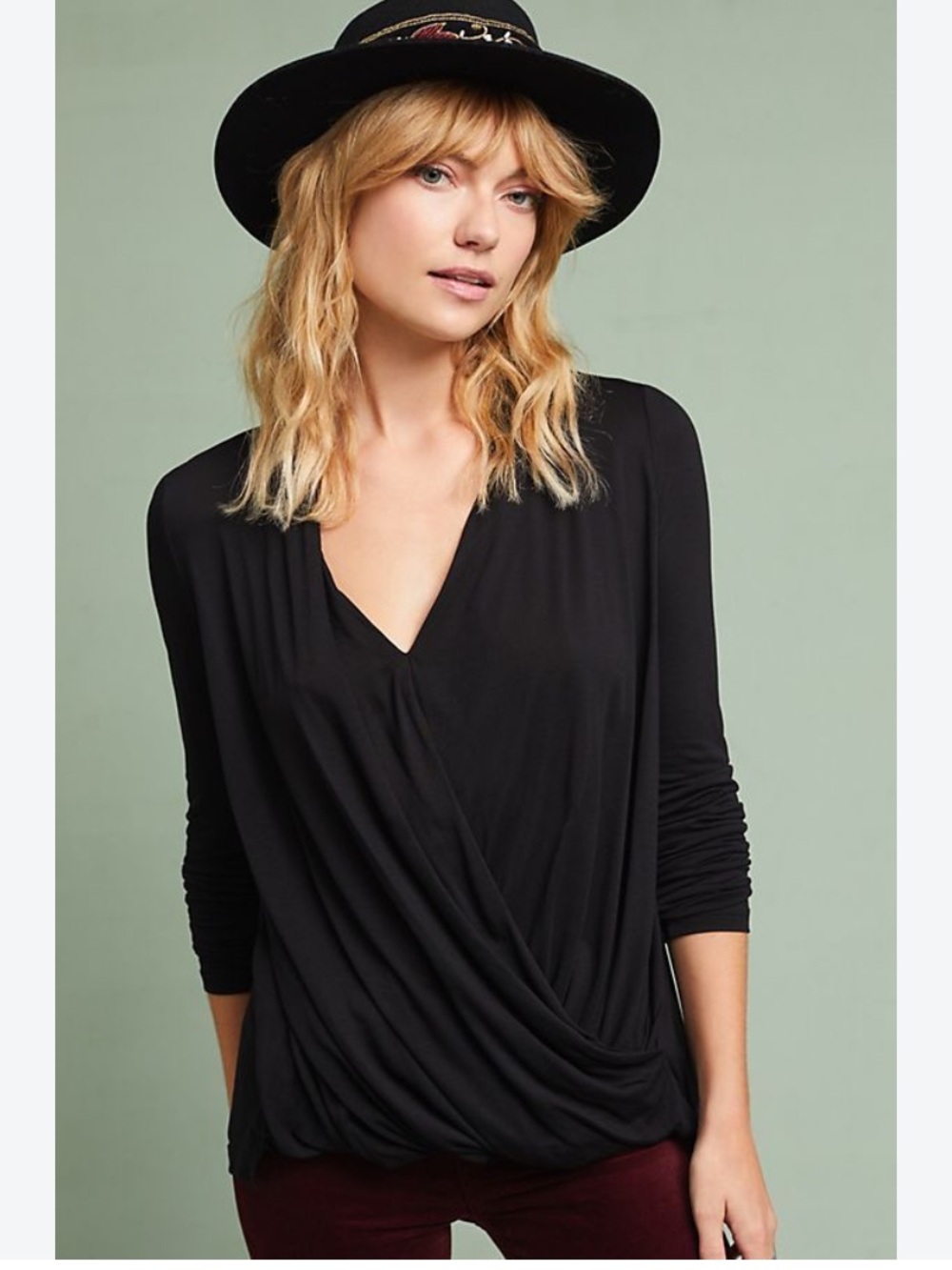 Anthropologie NWT Akemi + Kin Long Sleeve Ruched Faux Wrap Top Blouse Y2K M
